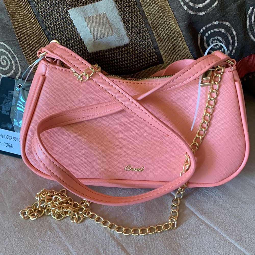 CROSSI NY. NWT. Beautiful Coral, crossbody bag with bow on front. Gold c… - Picture 2 of 8